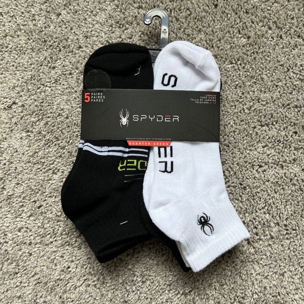 Spyder 5 Pair Men Performance Training Quarter Socks Black White,Shoe 6-12